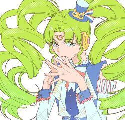  1girl absurdres blue_hat colored_eyelashes commentary_request falulu falulu_(awakened) forehead_jewel go9bay green_hair grey_eyes hands_up hat headphones highres idol_clothes korean_commentary long_hair looking_at_viewer mini_hat mini_top_hat own_hands_together parted_bangs pretty_series pripara smile solo steepled_fingers top_hat twintails upper_body wrist_cuffs 