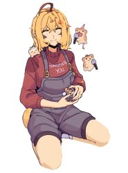  1girl addendium ahoge blonde_hair blue_overalls bubbles_(dooby) closed_eyes closed_mouth dooby dooby_(1st_costume) english_text family floating hair_ornament happy hat highres holding indie_virtual_youtuber jerboa jerboa_tail long_sleeves microphone multicolored_hair overalls party_hat peaked_cap short_hair sitting smile socks streaked_hair sweater tail turtleneck turtleneck_sweater virtual_youtuber 