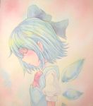  1girl acrylic_paint_(medium) blue_hair blush_stickers bow cirno closed_eyes graphite_(medium) hair_bow highres ice ice_wings profile short_hair solo touhou traditional_media watercolor_(medium) wings yuyu_(00365676) 