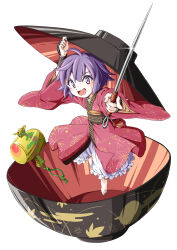  1girl :d ahoge arm_up barefoot bowl bowl_hat frilled_kimono frills full_body hat highres holding holding_needle inuno_rakugaki japanese_clothes kimono long_sleeves looking_at_viewer miracle_mallet needle obi open_mouth outstretched_arm oversized_object petticoat pink_kimono purple_hair sash short_hair simple_background smile solo sukuna_shinmyoumaru touhou violet_eyes white_background wide_sleeves 