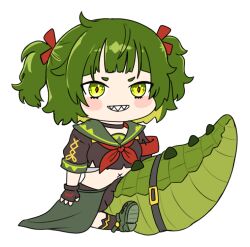  chibi commentary crocodile_girl crocodilian_tail crocs crop_top english_commentary fingerless_gloves gloves green_eyes green_hair h@nk nitya_nil phase_connect red_ribbon ribbon sharp_teeth short_hair tail teeth thick_tail twintails virtual_youtuber 