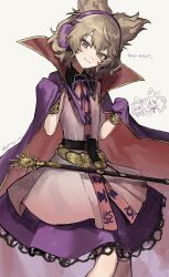  3girls belt black_belt blush bracelet brown_eyes brown_hair cape chibi chibi_inset closed_mouth commentary dress earmuffs head_tilt highres jewelry looking_at_viewer mononobe_no_futo multiple_girls onnoji_mi pointy_hair purple_cape purple_skirt simple_background skirt sleeveless sleeveless_dress soga_no_tojiko solo_focus touhou toyosatomimi_no_miko translation_request white_background 