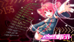 1girl :d arrow_(symbol) collared_shirt detached_sleeves drill_hair english_text flat_chest floating glowing grey_shirt grey_skirt japanese_text kasane_teto kasane_teto_(utau) looking_at_viewer medium_hair number painted_nails pink pink_background pink_eyes pink_hair pink_nails pink_trim pleated_skirt pocket pocket_square reaching_towards_viewer red_background sen_(4i3lfolxnq) short_twintails sleeveless small_breasts thigh-highs utau