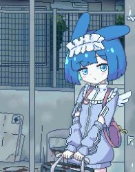  1girl animal_ears aqua_hair bag bag_charm bird_wings blood blood_stain blue_eyes blue_hair blue_jacket blunt_bangs blush blush_stickers bob_cut chain-link_fence charm_(object) chibikki closed_mouth colored_inner_hair cowboy_shot detached_wings dithering dot_mouth fake_wings fence frilled_hairband frills hairband highres holding holding_bag industrial_pipe jacket long_sleeves looking_at_viewer maid_headdress mini_wings multicolored_hair name_tag oekaki original outdoors photo_background pixel_art puffy_sleeves rabbit_ears short_hair short_sleeves shoulder_bag solo standing tile_wall tiles trash_can two-tone_hair v_arms white_hairband white_wings wings 