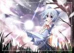  1girl blue_dress blue_eyes blue_hair cirno clouds cloudy_sky dress frame grass hakobako ice ice_wings looking_at_viewer open_mouth puffy_sleeves shirt short_sleeves sky snowing solo sun touhou tree wings 