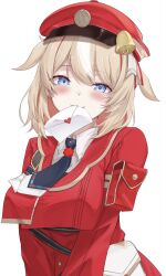  1girl absurdres arm_pouch bag bell black_necktie blonde_hair blue_eyes blush closed_mouth collared_shirt colored_inner_hair commentary cropped_jacket dot_nose envelope hat hat_bell heart highres hololive ilie_ilie jacket long_sleeves looking_at_viewer medium_hair multicolored_hair necktie newsboy_cap red_hair red_hat red_jacket red_streaks shirt shoulder_bag simple_background solo streaked_hair suzuna_tsuzuri upper_body virtual_youtuber wax_seal white_background white_bag white_hair white_shirt white_streaks 