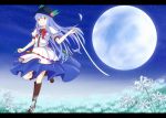  blue_hair boots bow etterboxed food fruit grass hat highres hinanawi_tenshi kanimiso-wassyoi long_hair moon peach red_eyes short_sleeves skirt sky standing star_(sky) starry_sky sword touhou weapon 