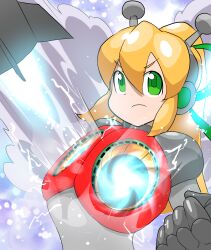  1girl :d aged_up android antennae armor arms_up blonde_hair bodysuit breast_missiles breastplate breasts buta_otoko clenched_hands commentary_request double-parted_bangs earphones eyes_visible_through_hair fighting_stance firing full_body gorget gradient_background green_eyes green_ribbon grey_bodysuit groin hair_between_eyes hair_ribbon hairband headphones high_ponytail highres hyper_roll_(marvel_vs._capcom) joints large_breasts long_hair looking_at_viewer marvel_vs._capcom marvel_vs._capcom_2 mechanical_arms mega_man_(classic) mega_man_(series) metal_gloves open_mouth ponytail radio_antenna red_armor ribbon robot robot_girl robot_joints rocket roll_(mega_man) serious shoulder_armor sidelocks simple_background smile solo standing steam upper_body variant_set 