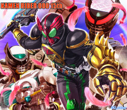  3boys animification birth_buster commentary_request compound_eyes copyright_name feathers highres holding holding_weapon k2_shokai kamen_rider kamen_rider_birth kamen_rider_birth_prototype kamen_rider_ooo kamen_rider_ooo_(series) kamen_rider_ooo_(tatoba_combo) male_focus medajaribur multiple_boys ooo_driver tokusatsu twitter_username weapon 