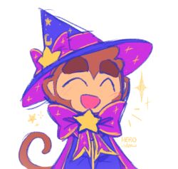  bloons_tower_defense blue_hat blue_robe bow bowtie cape closed_eyes commentary crescent english_commentary facing_viewer furry hat hat_bow hat_ribbon monkey notice_lines open_mouth purple_bow purple_cape purple_ribbon ribbon robe signature smile softum solo sparkle star_(symbol) tail upper_body white_background wizard_hat wizard_monkey_(bloons) 