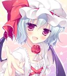  1girl bat_wings blue_hair blush bow bust dress fang flower hat hat_bow looking_at_viewer mob_cap motomiya_mitsuki open_mouth outstretched_arm outstretched_hand pink_eyes red_rose remilia_scarlet rose smile solo touhou white_dress wings 
