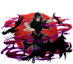  1boy akatsuki_uniform bird black_coat black_hair coat crow eye_trail forehead_protector glowing glowing_eyes grey_pants konohagakure_symbol light_trail looking_at_viewer moon naruto_(series) naruto_shippuuden:_ultimate_ninja_blazing official_art open-toe_boots outline pants print_coat purple_nails red_eyes red_moon sharingan solo uchiha_itachi 