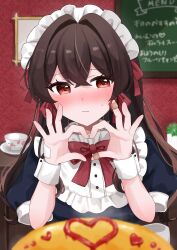  1girl absurdres alternate_costume bandaid bandaid_on_finger bandaid_on_hand blue_dress blush bow bowtie brown_eyes brown_hair commentary_request cup dress embarrassed enmaided food hair_bow hakurei_reimu heart heart_hands highres ikeyan0677 maid maid_headdress omelet omurice puffy_short_sleeves puffy_sleeves red_bow red_bowtie saucer short_sleeves solo sweatdrop teacup touhou translation_request white_wrist_cuffs wrist_cuffs 