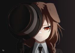  1girl absurdres animal_ears artist_logo black_background black_gloves black_necktie black_suit braid braid_over_shoulder brown_eyes brown_hair closed_mouth collared_shirt commentary dog_ears dog_girl english_commentary gangster gloves hair_over_shoulder hat hat_over_one_eye hat_ribbon highres holding holding_unworn_clothes holding_unworn_hat hololive inugami_korone logo mafia necktie portrait ribbon shirt simple_background smile solo straight-on suit trilby unworn_hat unworn_headwear virtual_youtuber white_shirt yioyiot_art 