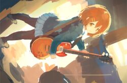  1girl blush brown_eyes brown_hair closed_mouth guitar guitar_strap haigjd8hai hair_between_eyes hair_ornament hairclip hirasawa_yui instrument k-on! pantyhose parallel_hairclips playing_guitar playing_instrument sakuragaoka_high_school_uniform school_uniform short_hair skirt smile solo 