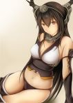  1girl breasts brown_hair elbow_gloves gloves hair_ornament hairband headgear kantai_collection large_breasts long_hair nagato_(kantai_collection) nanacy7 navel personification red_eyes solo thighhighs 