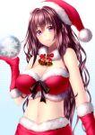  1girl bell bell_collar blush breasts brown_hair christmas collar elbow_gloves gloves halftone halftone_background hat holding jingle_bell kai_(link2262) large_breasts long_hair looking_at_viewer navel original red_gloves ribbon santa_costume santa_hat smile snowflakes solo violet_eyes 