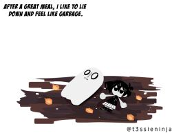 1boy 1other artist_name black_eyes black_hair black_socks black_tank_top chibi commentary crossover double-parted_bangs english_commentary english_text hair_between_eyes lying napstablook no_mouth omori omori_(omori) on_back short_hair shorts simple_background socks striped_clothes striped_shorts tank_top tessieninja undertale utdr_(toby_fox) vertical-striped_clothes vertical-striped_shorts white_background white_shorts