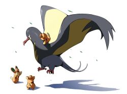  1girl animal_focus bird blue_eyes closed_mouth commentary flying full_body kilowattrel no_humans open_mouth pawmi pokemon pokemon_(creature) pokemon_focus psaber97 riding riding_pokemon shadow simple_background smile white_background 