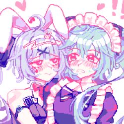  2girls :> ahoge animal_ears apron bare_shoulders black_leotard blue_eyes blue_hair card facial_mark fake_animal_ears hair_ornament hairband hatsune_miku heart heart-shaped_pupils leotard maid maid_apron maid_headdress multiple_girls open_mouth pixel_art rabbit rabbit_ears rabbit_hole_(vocaloid) shiny_skin shmitty sweatdrop symbol-shaped_pupils teardrop_facial_mark twintails vocaloid white_background x_hair_ornament yuri 
