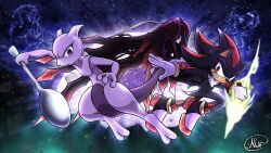  1boy 1other animal_nose artist_name bbralvin black_fur body_fur colored_skin death_battle doom_wings full_moon furry furry_male gloves grey_skin hedgehog_boy highres holding holding_spoon mewtwo moon multicolored_skin night pokemon pokemon_(creature) purple_skin red_eyes red_fur shadow_the_hedgehog short_tail signature sonic_(series) sonic_generations sonic_x_shadow_generations spoon tail two-tone_fur two-tone_skin v-shaped_eyes very_long_tail violet_eyes white_gloves 