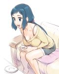  1girl :d blue_eyes blue_hair blush bra breasts cleavage cup denim denim_shorts gundam gundam_build_fighters iori_rinko large_breasts long_hair open_mouth ponytail shorts sitting smile solo teacup ueyama_michirou underwear 