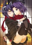  2girls blush carrying fingerless_gloves gloves headgear kantai_collection looking_at_viewer mechanical_halo mole multiple_girls oota_yuuichi open_mouth personification princess_carry purple_hair scarf shared_scarf short_hair smile sweatdrop tatsuta_(kantai_collection) tenryuu_(kantai_collection) thighhighs violet_eyes yellow_eyes 