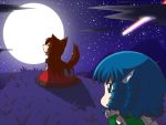  3girls animal_ears blue_eyes blue_hair brown_hair dress full_moon head_fins howling howling_at_the_moon imaizumi_kagerou kirisame_marisa long_hair long_sleeves master_spark mazume monster_girl moon multiple_girls short_hair sky star star_(sky) starry_sky tail touhou wakasagihime wolf_ears wolf_tail 