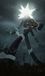  1other electricity floofy_viixen glowing highres no_humans overcast pokemon pokemon_(creature) rain ruins signature sky utility_pole walking weeds xurkitree 