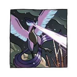  animal_focus bare_tree bird border clouds commentary energy_beam english_commentary eye_beam flying franxurio freezing_glare_(pokemon) full_body galarian_articuno highres no_humans outdoors pokemon pokemon_(creature) pokemon_focus pokemon_move procreate_(medium) signature snowing solo tree white_border 