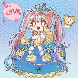  1girl ^_^ absurdly_long_hair absurdres ahoge animal ankle_ribbon arm_ribbon bare_arms bare_shoulders blue_background blue_hair blue_hat blue_ribbon blue_sandals bow bowtie bright_pupils brown_eyes cake cat chibi chinese_commentary cloak closed_eyes clothed_animal colored_tips commentary_request dance_till_dawn_(infinity_nikki) dotted_line dress ear_covers english_text food footwear_bow frilled_dress frilled_headwear frills gradient_background gradient_hair hair_between_eyes halftone halftone_background happy hat hat_bow highres holding_pasteur_pipette hood hood_up hooded_cloak hula_quan infinity_nikki leg_ribbon lolita_fashion long_hair mini_hat mini_top_hat momo_(nikki) multicolored_hair nikki_(nikki) nikki_(series) no_wrist_cuffs official_alternate_color on_food orange_bow orange_bowtie oversized_food oversized_object pink_bow pink_hair ribbon sandals short_dress sitting sleeveless sleeveless_dress sparkle speech_bubble stuffed_animal stuffed_toy sun_symbol tareme teddy_bear top_hat traditional_bowtie two-tone_hair very_long_hair whiskers white_cat white_pupils yellow_cloak yellow_dress 