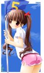  1girl bow brown_eyes brown_hair dated flag gym_uniform hair_bow leaning_forward long_hair looking_back noto_(soranoto) original shorts solo sweatdrop twintails 