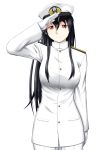  1girl female_admiral_(kantai_collection) gloves highres kantai_collection long_hair naval_uniform niwatazumi red_eyes salute solo white_gloves 