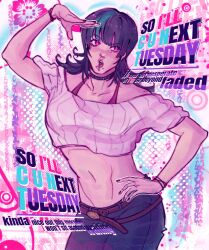  1girl aqua_streaks belt black_hair black_nails bra_strap bracelet brown_belt chin_piercing choker crop_top denim english_text face_piercing hand_on_own_hip highres hoshi_kirara jeans jewelry jujutsu_kaisen labret_piercing looking_to_the_side lowrise lyrics midriff multicolored_hair nail_polish navel off_shoulder open_mouth pants piercing pink_eyes pink_theme salute short_sleeves solo spiked_choker spikes standing streaked_hair teeth tojisdreamgirl two-tone_hair upper_teeth_only 