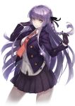  1girl braid dangan_ronpa gloves kirigiri_kyouko looking_at_viewer necktie purple_hair ryuuzaki_ichi simple_background skirt solo violet_eyes white_background 