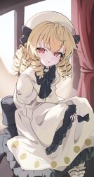  1girl absurdres back_bow black_bow black_bowtie blonde_hair bow bowtie commentary_request dress drill_hair fairy fairy_wings frilled_sleeves frills hat highres long_sleeves looking_at_viewer luna_child red_eyes sitting solo suzukiairi0001 touhou white_dress white_hat wide_sleeves wings 