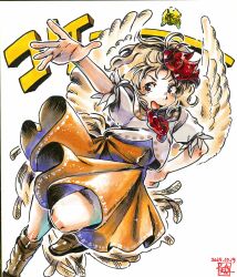  1girl :d baby_animal bird bird_tail blonde_hair blush boots brown_boots capelet chick commentary_request feathered_wings hand_on_own_hip highres kokechankokko multicolored_hair neckerchief niwatari_kutaka open_mouth orange_capelet orange_skirt outstretched_arm outstretched_hand red_eyes red_hair red_neckerchief shirt skirt smile solo sound_effects tail touhou traditional_media translation_request two-tone_hair white_shirt wings 