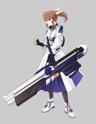  1girl 304back_s ankle_boots armored_boots black_gloves blue_skirt boots brown_hair cannon closed_mouth commentary_request cropped_jacket energy_cannon fingerless_gloves full_body gloves grey_background hair_between_eyes high_side_ponytail highres holding holding_cannon holding_weapon huge_weapon jacket legs_apart long_skirt long_sleeves lyrical_nanoha mahou_shoujo_lyrical_nanoha_exceeds:_gun_blaze_vengeance open_clothes open_jacket overskirt pleated_skirt raising_heart short_hair side_ponytail sidelocks simple_background skirt smile standing takamachi_nanoha violet_eyes weapon white_overskirt wispy_bangs 