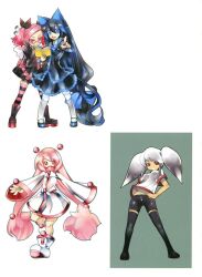4girls :d :o angel_wings backpack black_jacket black_shorts black_skirt blue_bow blue_eyes blue_trim book boots camera cat_ears cat_tail floating_headgear forehead full_body glasses jacket kei_(keigarou) leg_up loli long_hair long_skirt long_sleeves looking_at_viewer low_twintails midriff multiple_views original pink_eyes pink_hair pink_trim pointing_at_viewer reading red_eyes red_trim ruffles sailor_collar shorts side_part striped_legwear teal_background thigh-highs twintails very_long_hair white_background white_dress white_hair white_shirt