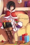  black_hair book boots christmas clock dress highres original red_eyes santa_costume short_hair sitting swd3e2 thigh-highs 