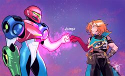  2girls arm_cannon armor castlevania:_belmont's_curse castlevania_(series) comickergirl crossover fist_bump glowing_arm green_assault_visor green_visor metroid metroid_ravenous multicolored_armor multiple_girls orange_hair power_armor power_suit_(metroid) ravenous_suit rose_belmont samus_aran sleeveless trait_connection weapon 