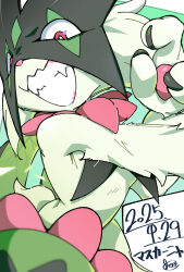  animal_hands cat_tail clenched_teeth dated fangs green_fur highres joewithoutme looking_at_viewer meowscarada open_mouth pokemon pokemon_(creature) pokemon_focus red_eyes smile solo tail teeth 