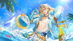  1boy abs aqua-tinted_eyewear aventurine_(honkai:_star_rail) aventurine_(waveflair)_(honkai:_star_rail) bandana_around_arm bird blonde_hair blue_sky bottle bracelet day dutch_angle earclip earrings gold_necklace hawaiian_shirt highres honkai:_star_rail honkai_(series) jewelry lens_flare looking_at_viewer male_focus male_swimwear navel neck_tattoo necklace official_alternate_costume open_clothes open_shirt palm_tree seagull shirt sky smile tattoo tinted_eyewear tosil_080 tree violet_eyes wading water_gun wet white_male_swimwear 