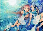  2girls blue_eyes blue_hair brown_hair fish hiradaira_chisaki long_hair mosho mukaido_manaka multiple_girls nagi_no_asukara sailor_dress school_uniform serafuku side_ponytail underwater water 