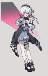  1girl belt beret black_belt black_hat black_shoes chinese_commentary collared_coat commentary_request fang flower full_body gradient_hair grey_background hair_flower hair_ornament hat high_heels highres long_sleeves looking_at_viewer mahou_shoujo_no_majo_saiban marurodo multicolored_hair neck_ribbon o-ring o-ring_thigh_strap open_mouth pink_eyes pink_hair pointing pointing_at_viewer ribbon sakuraba_ema shirt shoes short_hair shorts socks solo standing thigh_strap white_flower white_hair white_ribbon white_shirt white_shorts white_socks x_hair_ornament 