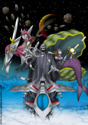  1boy 2girls armor asteroid breasts canards clam clam_shell cloak clouds cover death_(entity) energy energy_beam energy_cannon english_commentary engrish_commentary firing gaiares gameplay_mechanics highres long_hair mecha mountain multiple_girls no_humans original planet purple_hair robot scales science_fiction shield shoulder_armor siren_(mythology) size_difference skull space spacecraft starfighter sword throwing tunic user_rrck5533 video_game_cover warrior weapon web_address yellow_eyes 