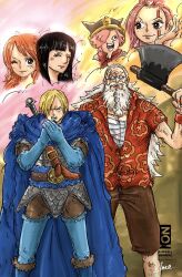  3boys 3girls ^_^ armor axe beard black_hair blonde_hair blue_pants blunt_bangs boots cape closed_eyes colon_(one_piece) commentary_request facial_hair facial_mark family helmet highres holding holding_axe holding_weapon multiple_boys multiple_girls nami_(one_piece) nico_robin old old_man one_eye_closed one_piece pants ripley_(one_piece) sanji_(one_piece) scopper_gaban signature smoke sunglasses v-shaped_eyebrows weapon white_hair xginrw 