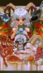  2girls absurdres apple blue_dress blueberry brown_horns curly_hair detached_sleeves disembodied_hand dress dual_persona earrings eye_print food fruit goat grey_hair highres holding holding_spoon hoop_earrings horn_ornament horn_ribbon horns intestines jewelry meandros mini_person minigirl multiple_girls open_mouth oversized_object petroleum pointy_ears red_eyes red_sleeves ribbon ribs_(food) sharp_teeth sheep_horns smile spoon steak tan_xiao_ye teeth touhou toutetsu_yuuma 
