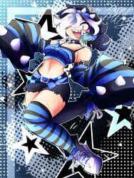  ! 1girl :d absurdres ahoge alternate_costume alternate_hair_color antenna_hair aqua_hair artist_name bare_shoulders belt black_camisole black_choker black_hair black_shoes black_thighhighs blue_belt blue_headphones blue_shoes border brawl_stars buckle camisole checkered checkered_belt choker colette_(brawl_stars) commentary_request crop_top denim detached_sleeves eyelashes facepaint facial_mark female footwear full_body hair_ornament halftone headphones highres legs_up long_sleeves looking_at_viewer low_ponytail medium_hair messy_hair midriff mismatched_legwear multicolored_hair navel no_eyebrows notice_lines one_leg_raised open_mouth ponytail raccoon_tails_(hairstyle) raised_leg red_eyes scene_fashion screentones sharp_teeth shirt shoelaces shoes short_hair shorts sleeves_past_fingers smile sneakers solo sowon_hate spiked_choker spiked_headphones spiked_sleeves spikes star_(symbol) star_print striped striped_clothes striped_hair striped_legwear striped_sleeves striped_tank_top striped_thighhighs teeth thighhighs tied_hair tongue torn_shorts triangle two-tone_hair two-tone_legwear two-tone_sleeves undershirt upper_teeth upper_teeth_only watermark white_border white_hair white_shoes 