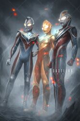  3boys alien armor artist_name black_skin blue_skin castlings chest_guard clenched_hands color_timer colored_skin commentary compound_eyes crystal dorsal_fin dust_cloud dutch_angle embers english_text forehead_jewel full_body giant giant_male glowing glowing_eyes gold_skin grey_skin hand_on_own_hip highres in-franchise_crossover legs_apart looking_ahead male_focus multicolored_skin multiple_boys no_pupils outdoors pectorals purple_skin red_skin shoulder_armor side-by-side silver_skin silver_trim standing tokusatsu toned toned_male ultra_series ultraman_dyna ultraman_dyna_(series) ultraman_gaia ultraman_gaia_(series) ultraman_gaia_(super_supreme_version) ultraman_tiga ultraman_tiga_(glitter_tiga) ultraman_tiga_(series) watermark white_eyes wrinkled_skin 